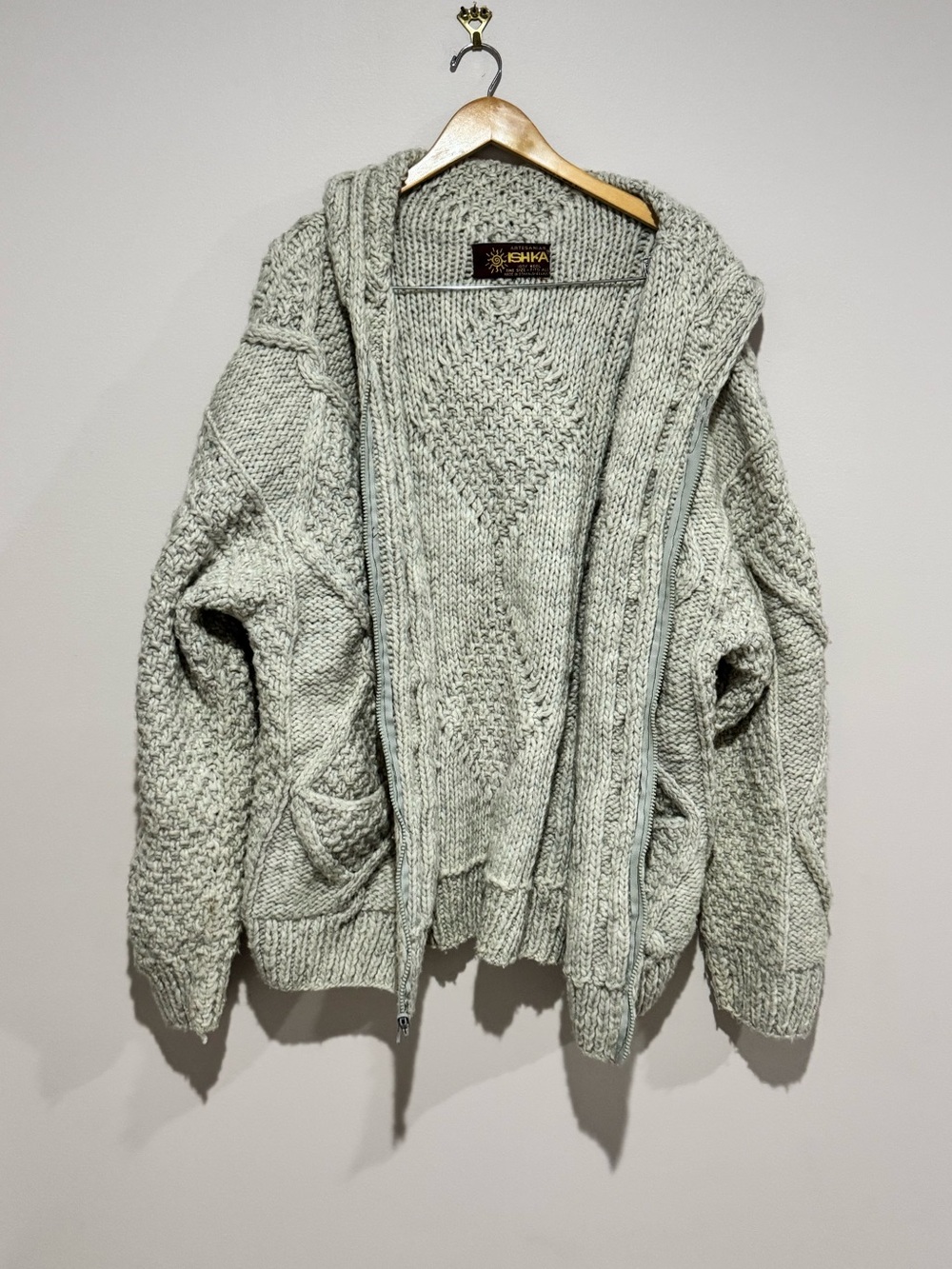 VTG Artesanias Ishka Zip Up Cardigan Sweater Cream Wool Cable Knit  one size